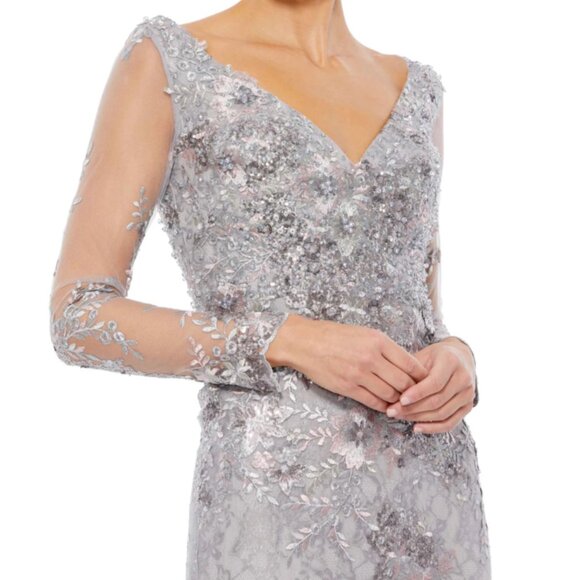 MAC DUGGAL 67539 EMBELLISHED V-NECK ILLUSIONS LONG SLEEVE PLATINUM GOWN sz 20W - Picture 2 of 7